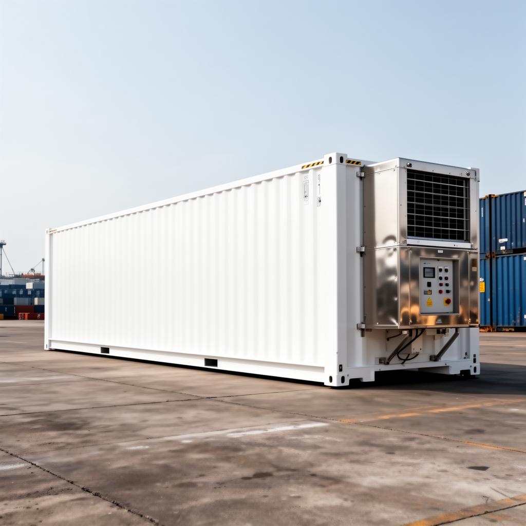 White refrigerated reefer shipping container with frost and cooling effects